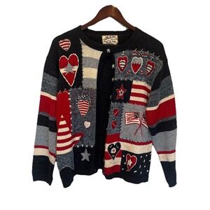 VTG 2002 Heirloom Collectibles American Wmn's Cardigan Sweater Size L Flag Heart